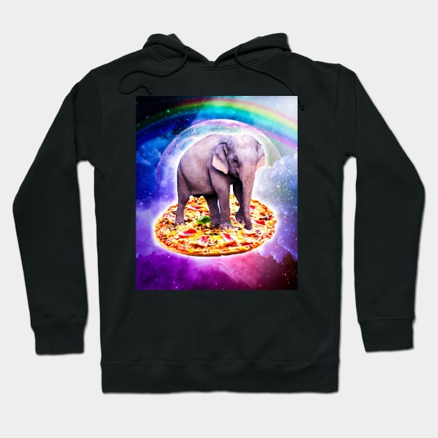 Elephant Riding Pizza In Space With Rainbow Hoodie by Random Galaxy
